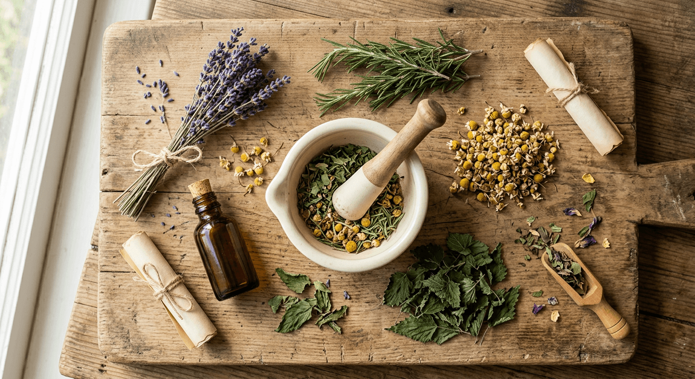 Dried herbs, botanicals, and preparation tools arranged on a wooden table